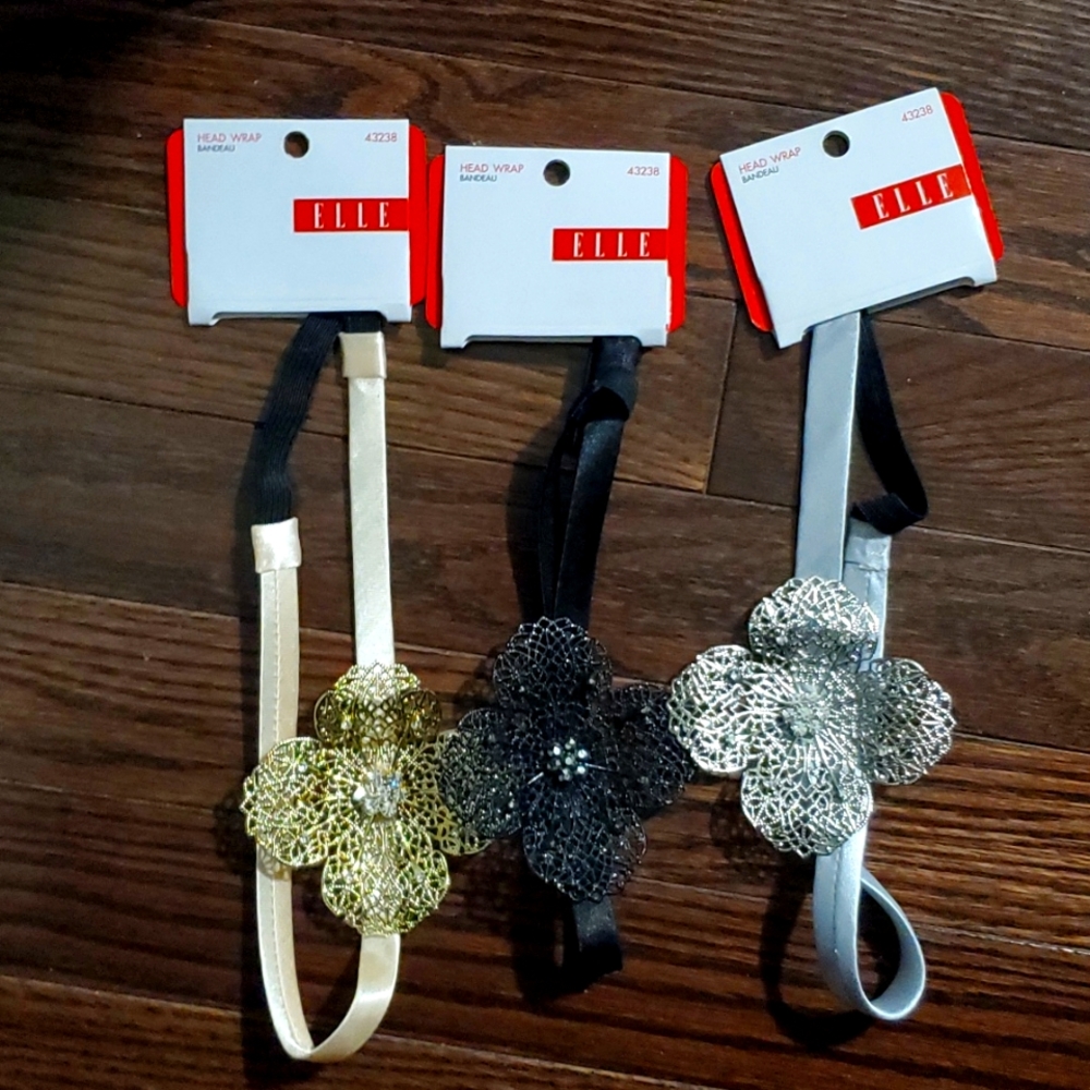 Head bands with light metal flower with rhinestones silver, bronze and black